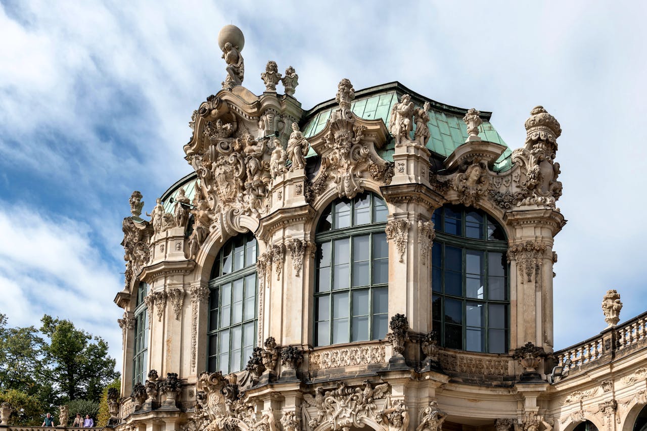 Elegant Baroque facade of Wallpavillon at Zwinger Palace in Dresden, Germany.